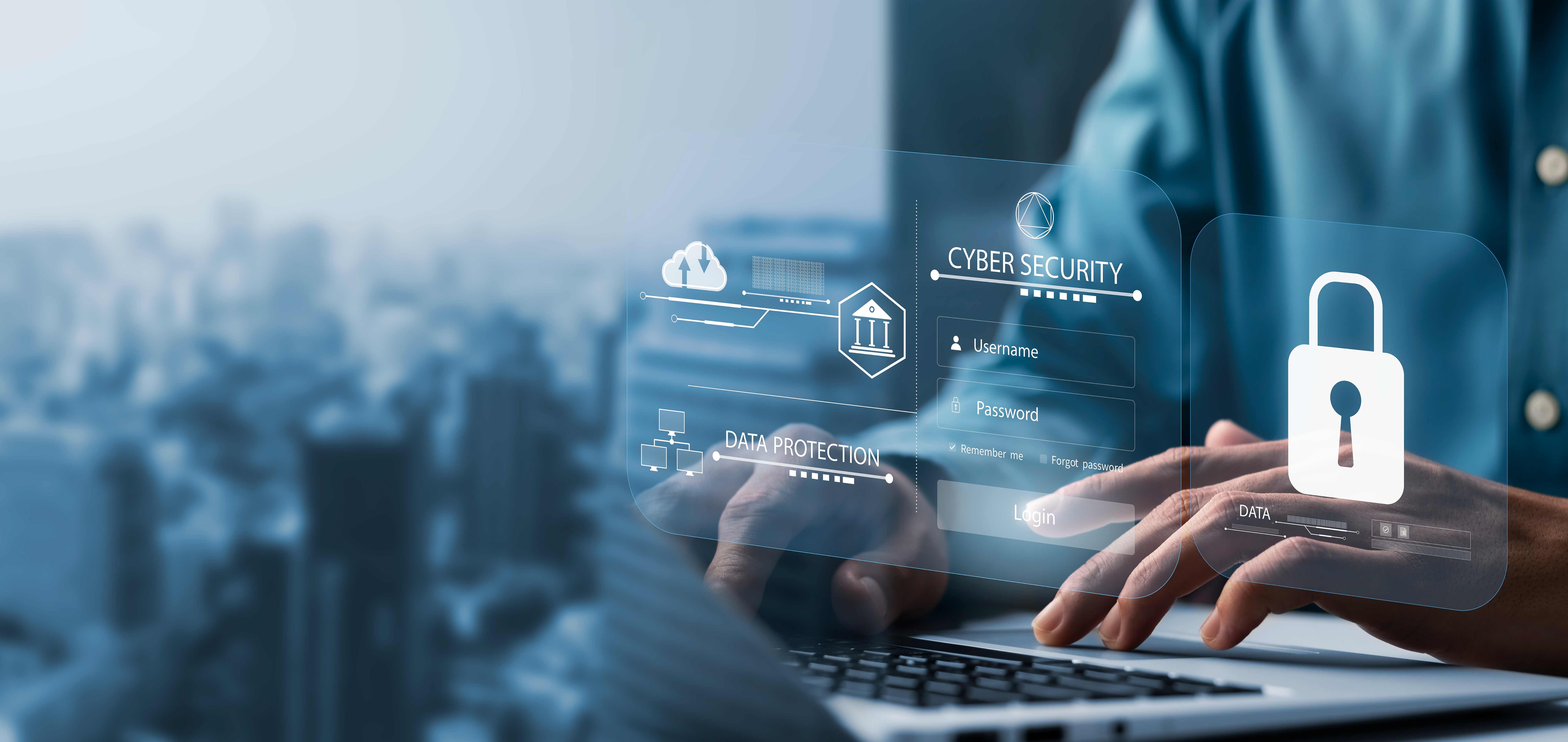 A person using a laptop with a futuristic overlay showing 'CYBER SECURITY' login fields and a large padlock icon.