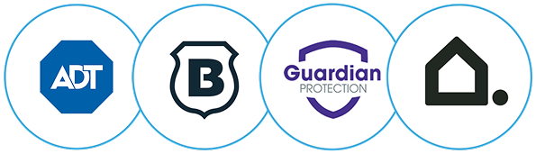 Logos of major home security providers: ADT, Brinks, Guardian Protection, and Vivint.